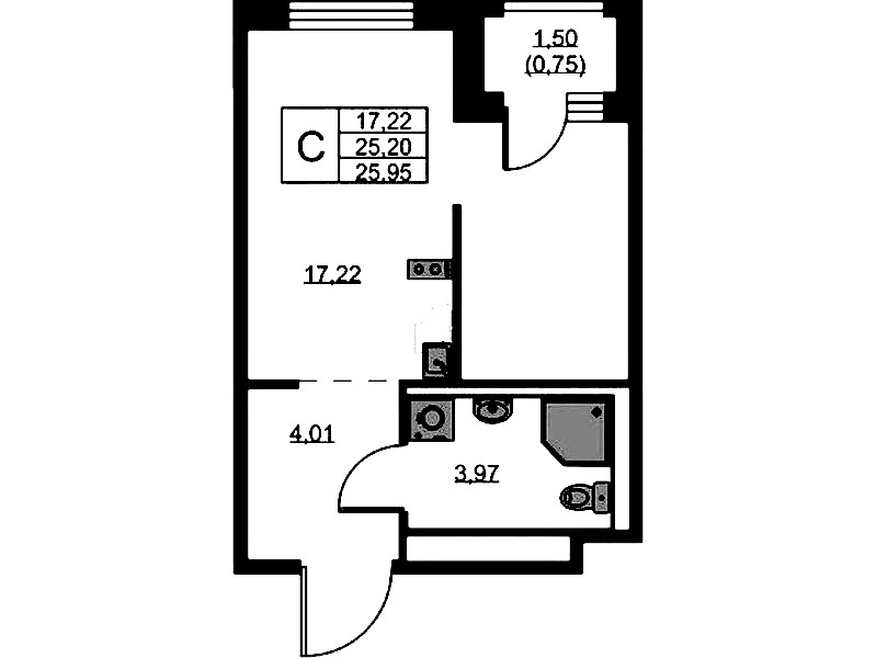Квартира студия 25.95 м², 3/9 эт., ЖК «GloraX Новоселье»